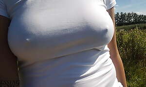 Nice walk without a bra, nipples shine through my white shirt (see through shirt) - tit walk