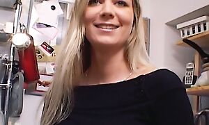 Outstanding German MILF anent humongous boobs dildoing the brush shaved muff relating to the kitchen