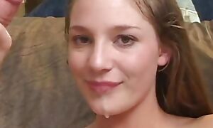 Cute slut takes dick in mouth, twat and aggravation able-bodied jizzed on after sucking 2 dicks