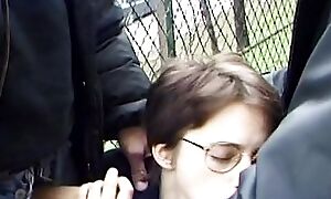 Short haired chick from France getting two cocks just for the brush