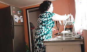Stepson surprises stepmom with a hard charge from in the kitchen