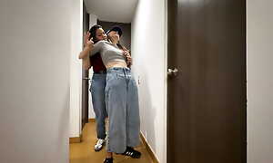 Two strangers performance by heated each successive under their pants and rubbing their asses